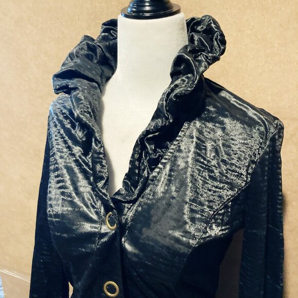 JOSEPH RIBKOFF Tall ruffle collar black jacket ~ Office goth SMALL MEDIUM blazer - Picture 6 of 16